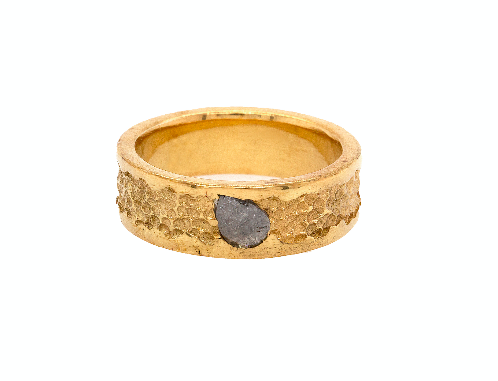 ring, ring on white background, solid gold ring, hammered ring, polished ring, rough cut diamond, salt and pepper diamond, wedding band, mens wedding band, womens wedding band, 8mm ring, flat shaped ring, solid gold wedding band
