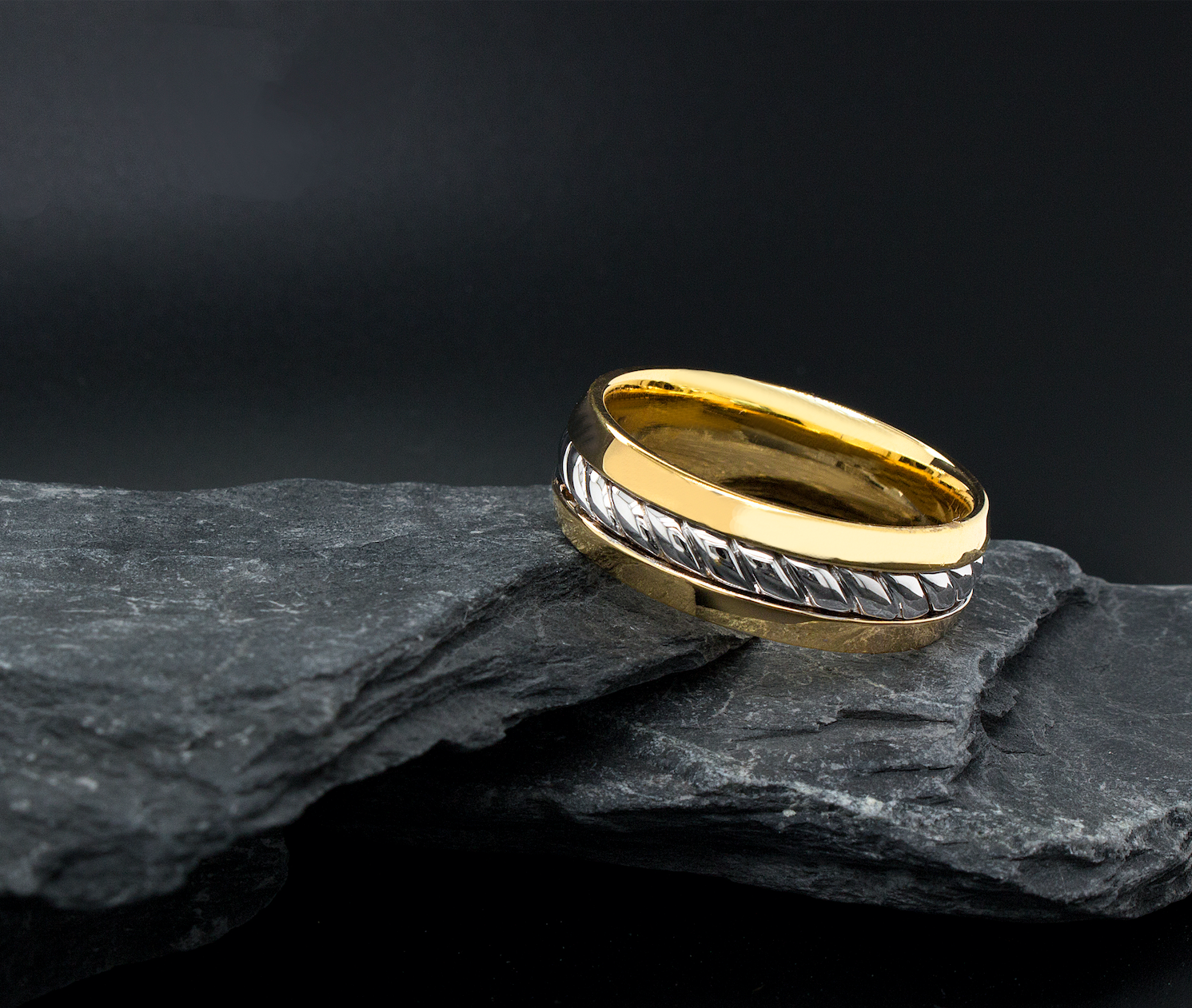 ring, two toned ring, yellow gold ring, white gold ring, polished ring, dome shaped ring, ring on white background, twisted rope inlay, textured ring, mens wedding band, womens wedding band, unisex ring, custom ring