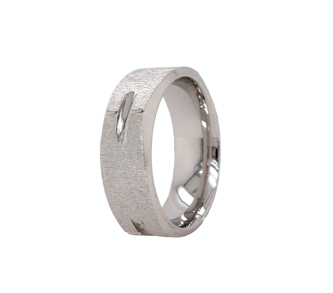 ring, ring on white background, brushed ring, grooved ring, vertical grooves, scratched texture, textured ring, ring with corners, white gold ring, mens wedding band, womens wedding band, unisex ring