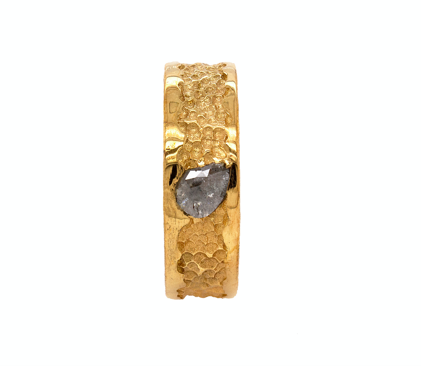 ring, ring on white background, solid gold ring, hammered ring, polished ring, rough cut diamond, salt and pepper diamond, wedding band, mens wedding band, womens wedding band, 8mm ring, flat shaped ring, solid gold wedding band