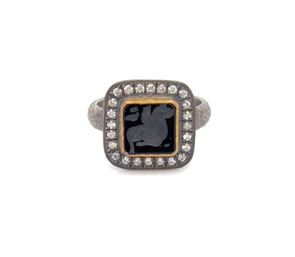 24k Gold and Silver Handmade Ring Featuring Pegasus on Black Onyx and Diamonds