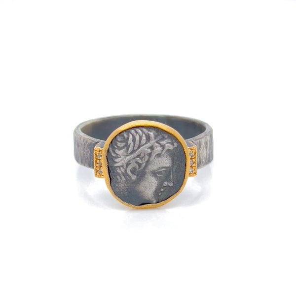 24k Gold and Silver Ring Depicting Alexander the Great with Diamonds