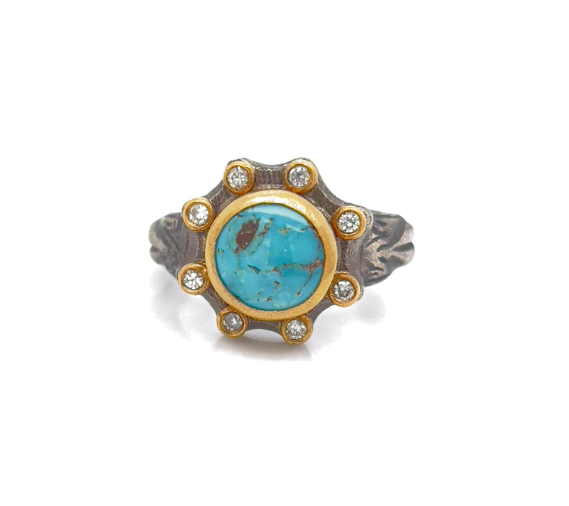 24k Solid Gold and Silver Ring with Diamonds and Turquoise