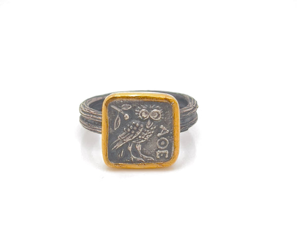 24k Gold and Silver Handmade Ring Featuring the Owl of Athena