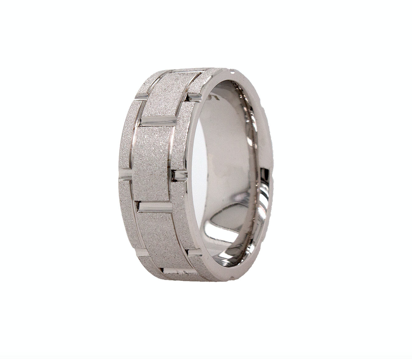 8mm, Custom Made, Flat Shaped, Solid White Gold Ring with Grooved Patterns and Laser Texture Exterior