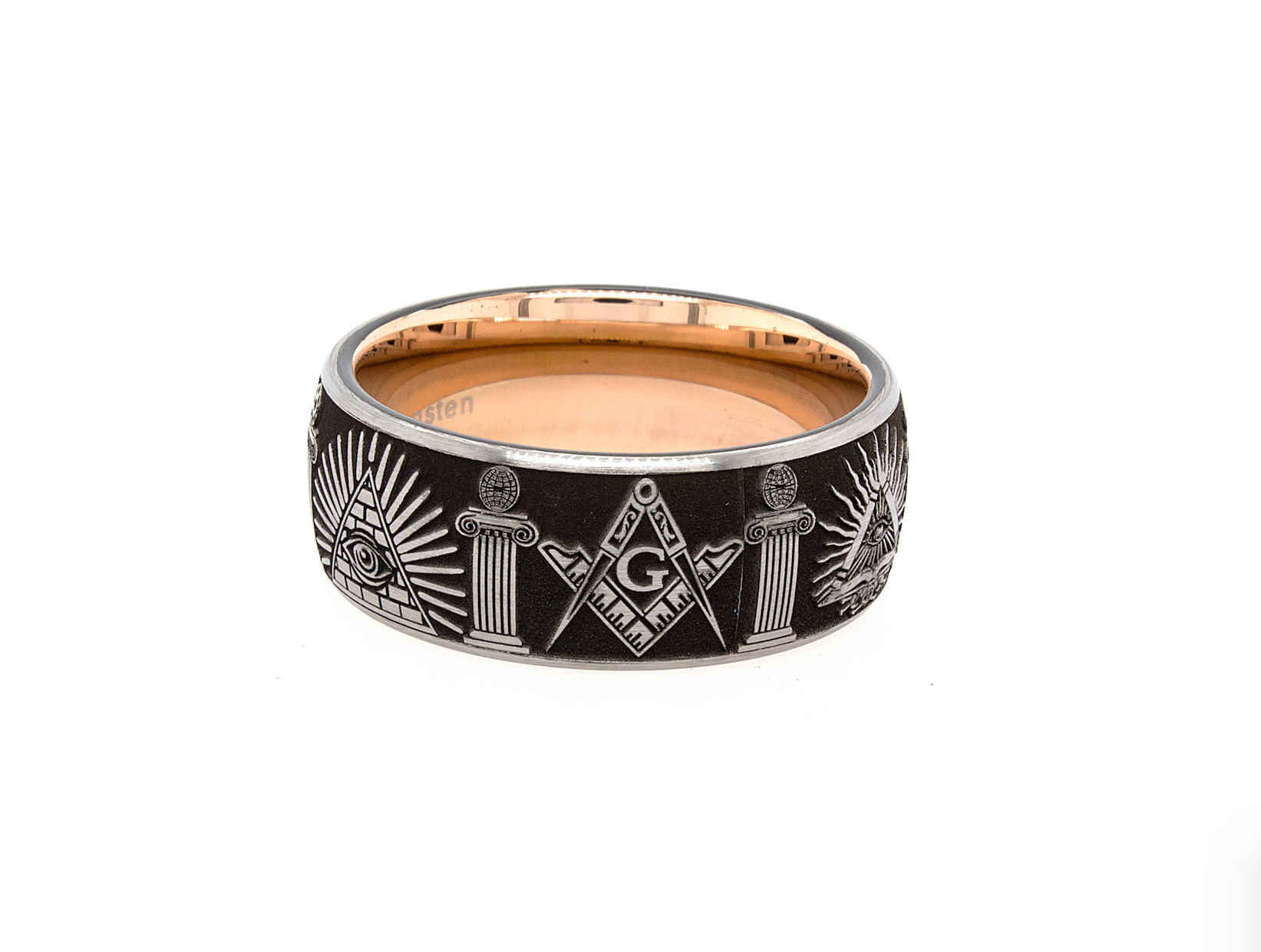ring, ring with white background, masonic ring, tungsten ring, tungsten wedding band. rose gold ring, mason ring, ring with symbols, 8mm ring, dome shaped ring, wedding band, mens wedding band, women's wedding band