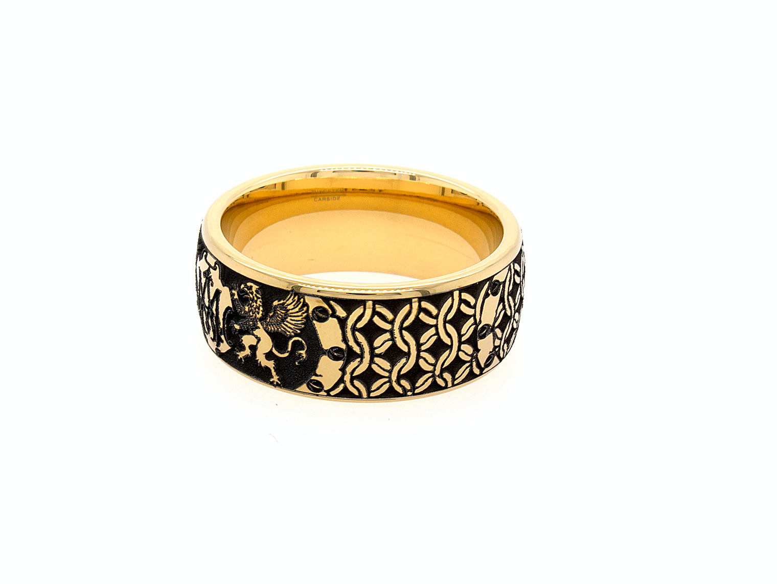 ring, ring with white background, yellow gold plated tungsten, custom engraved wedding band, wedding band, custom engraving, medieval ring, monogram ring, initial ring