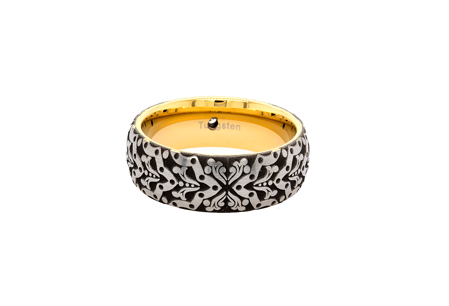 ring, ring with white background, tungsten ring, dome shaped ring, tungsten wedding band, engraved ring, ring with lions, diamond ring, ring with diamond, yellow gold plated ring, unique ring