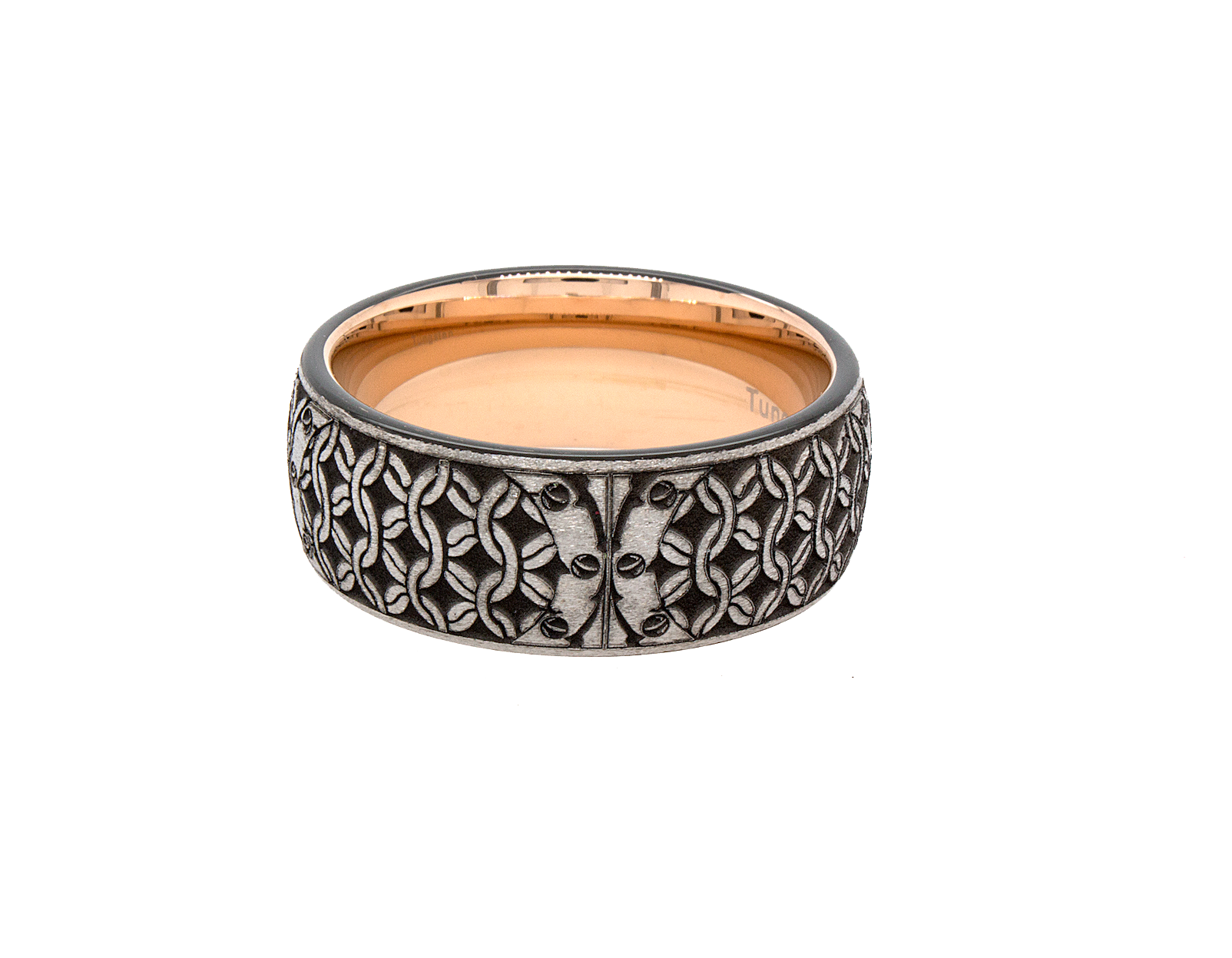 tungsten ring, wedding band, mens wedding band, women's wedding band, tungsten ring with rose gold plated interior, rose gold plated ring, fleur de lis ring, engraved ring, engraved wedding band, custom wedding band, personalized ring, mens wedding band, women's wedding band, rose gold ring, ring with shield, ring with wolves, wolf engraving  Edit alt text