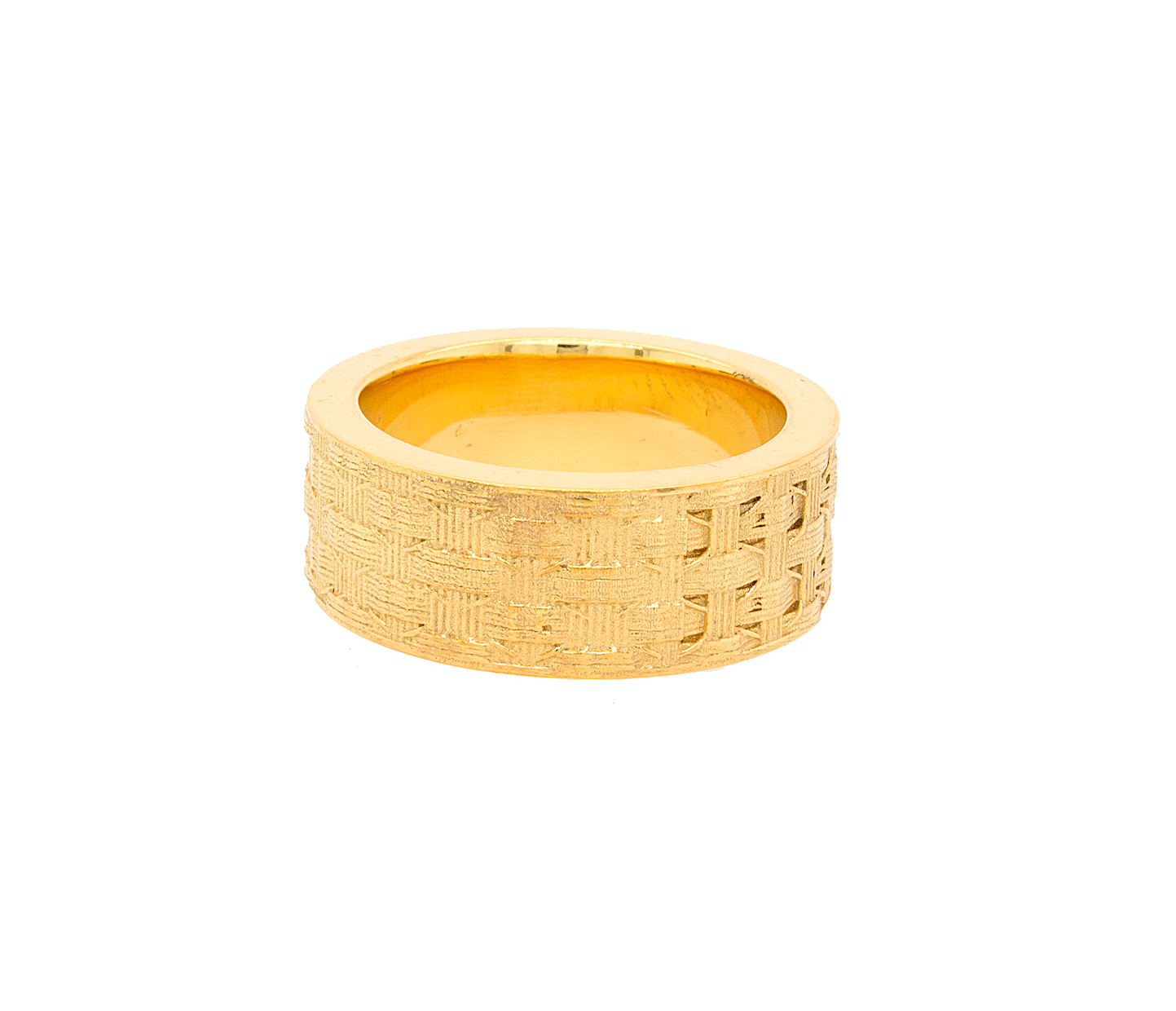 ring, ring on white background, solid gold ring, gold wedding band, solid gold ring, mesh ring, 8mm ring, flat shaped ring, custom ring, mens ring, women's ring, wedding band
