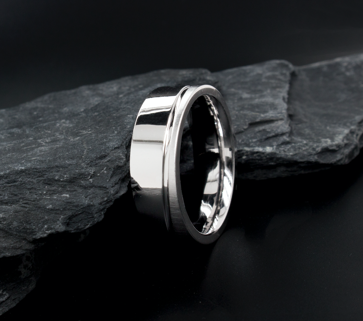 ring, ring on white background, 8mm ring, flat shape ring, grooved ring, curved groove, polished ring, brushed ring, mens wedding band, womens wedding band, promise ring, silver color ring