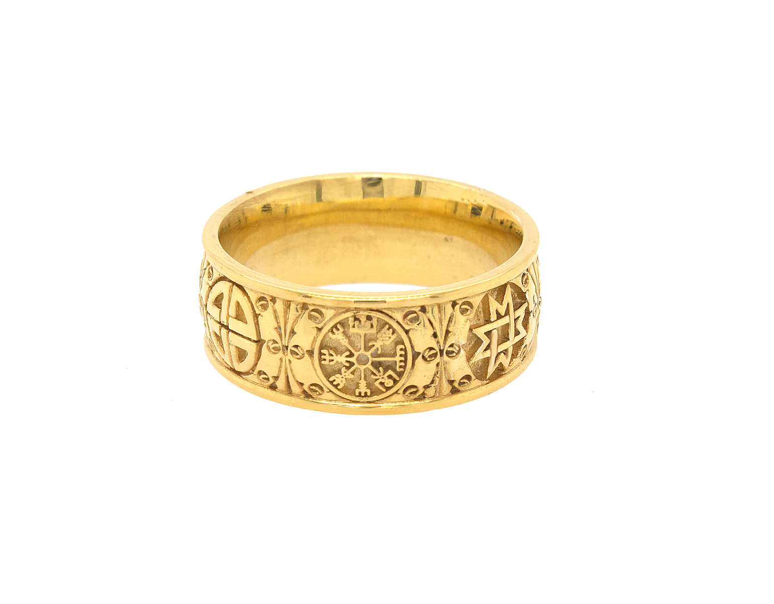 ring, ring on white background, gold ring, solid gold ring, solid yellow gold ring, wedding band, mens wedding band, womens wedding band, viking symbols, 6 symbols, engraved ring, unisex ring