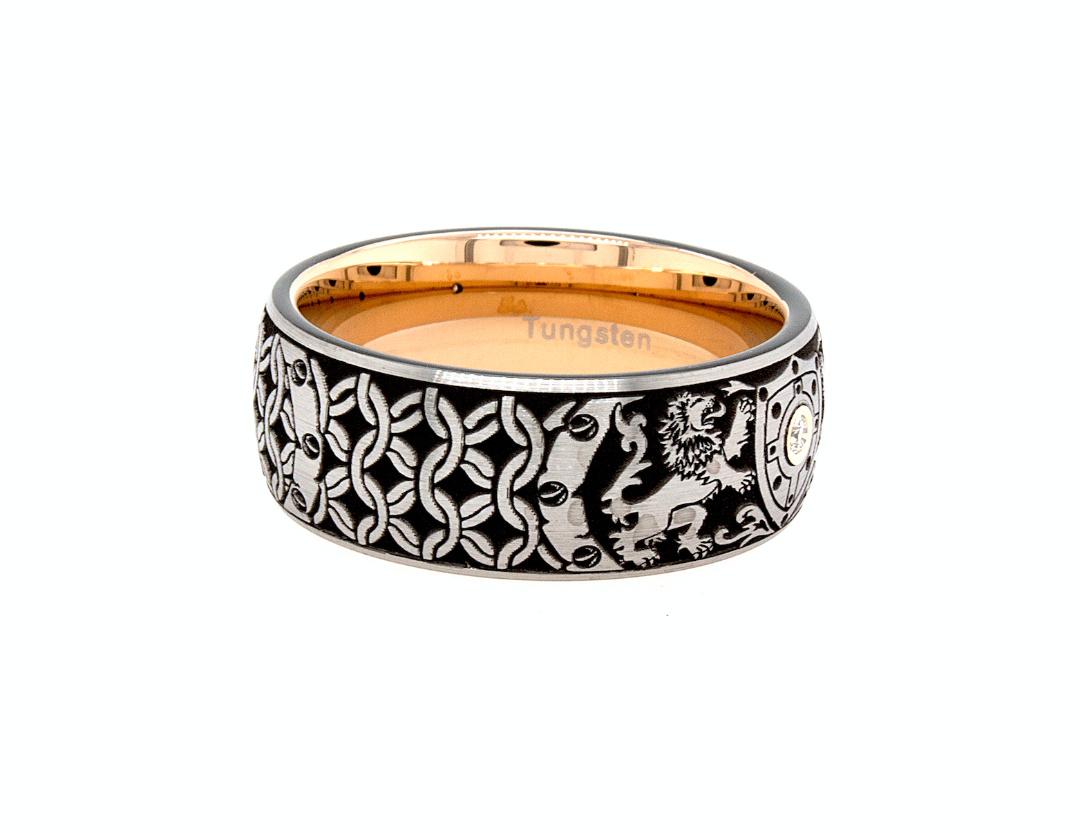 ring, ring on white background, mens ring, womens ring, medieval ring, tungsten ring, unisex ring, engraved ring, custom ring, diamond ring, diamond wedding band, diamond tungsten ring, rose gold plated interior, brushed exterior