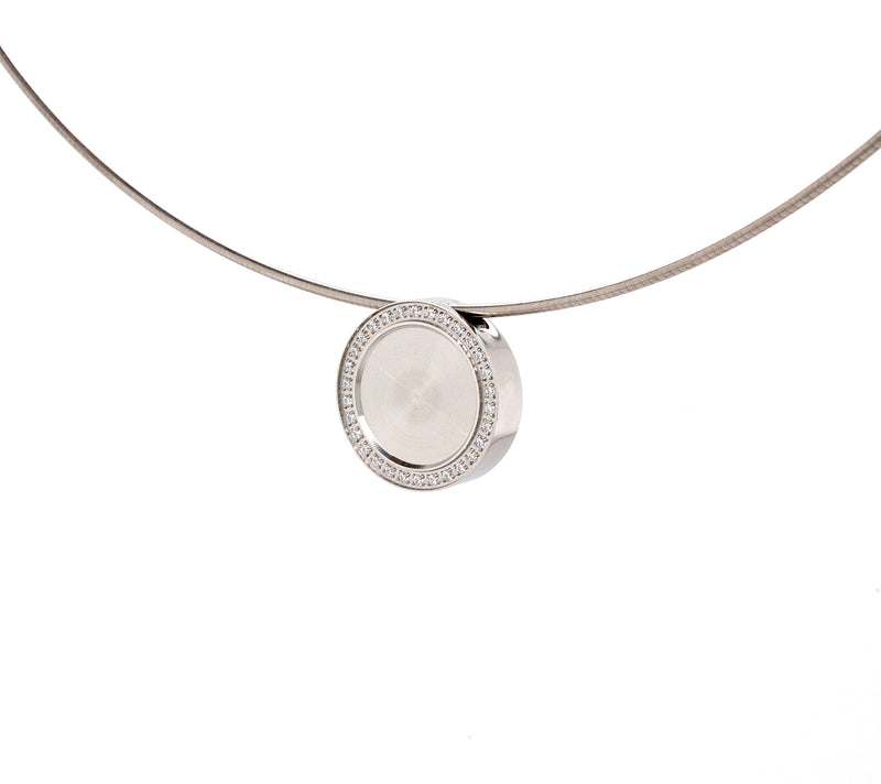 pendant, necklace, necklace on white background, round pendant, round shaped 3D pendant, silver pendant, halo, cz, diamond alternative stones, stone, pendant set with stones, womens necklaces, modern necklace