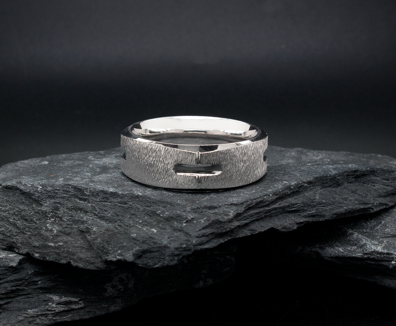 ring, ring on white background, brushed ring, grooved ring, vertical grooves, scratched texture, textured ring, ring with corners, white gold ring, mens wedding band, womens wedding band, unisex ring