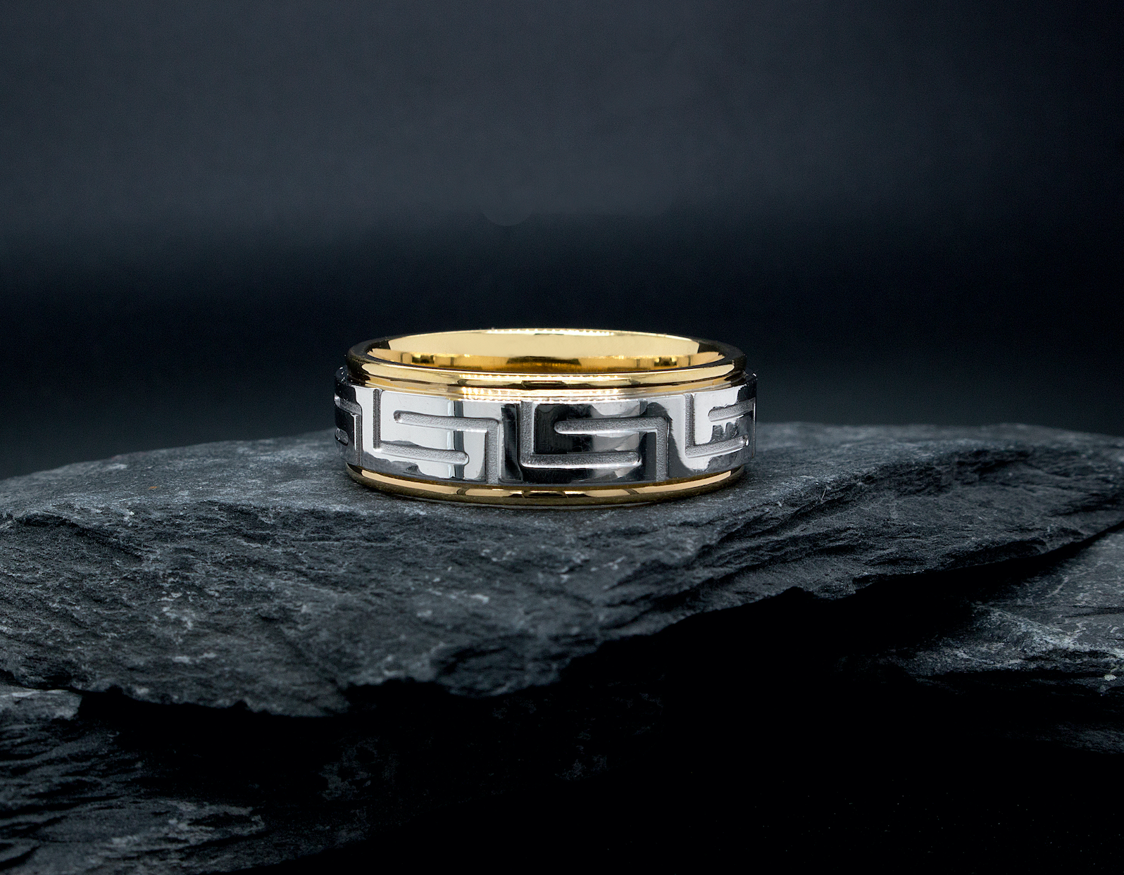 8mm ring, solid gold ring, mens wedding band, womens wedding band, solid gold ring, greek symbols, stepped edges, engraved ring, custom ring, mens wedding band, womens wedding band