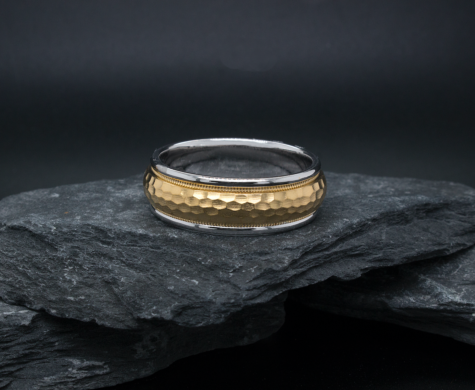 ring, ring on white background, domed ring, solid gold ring, hammered ring, wedding band, unisex ring, stackable ring, textured ring, two toned ring, solid yellow gold ring, white gold ring, 8mm ring