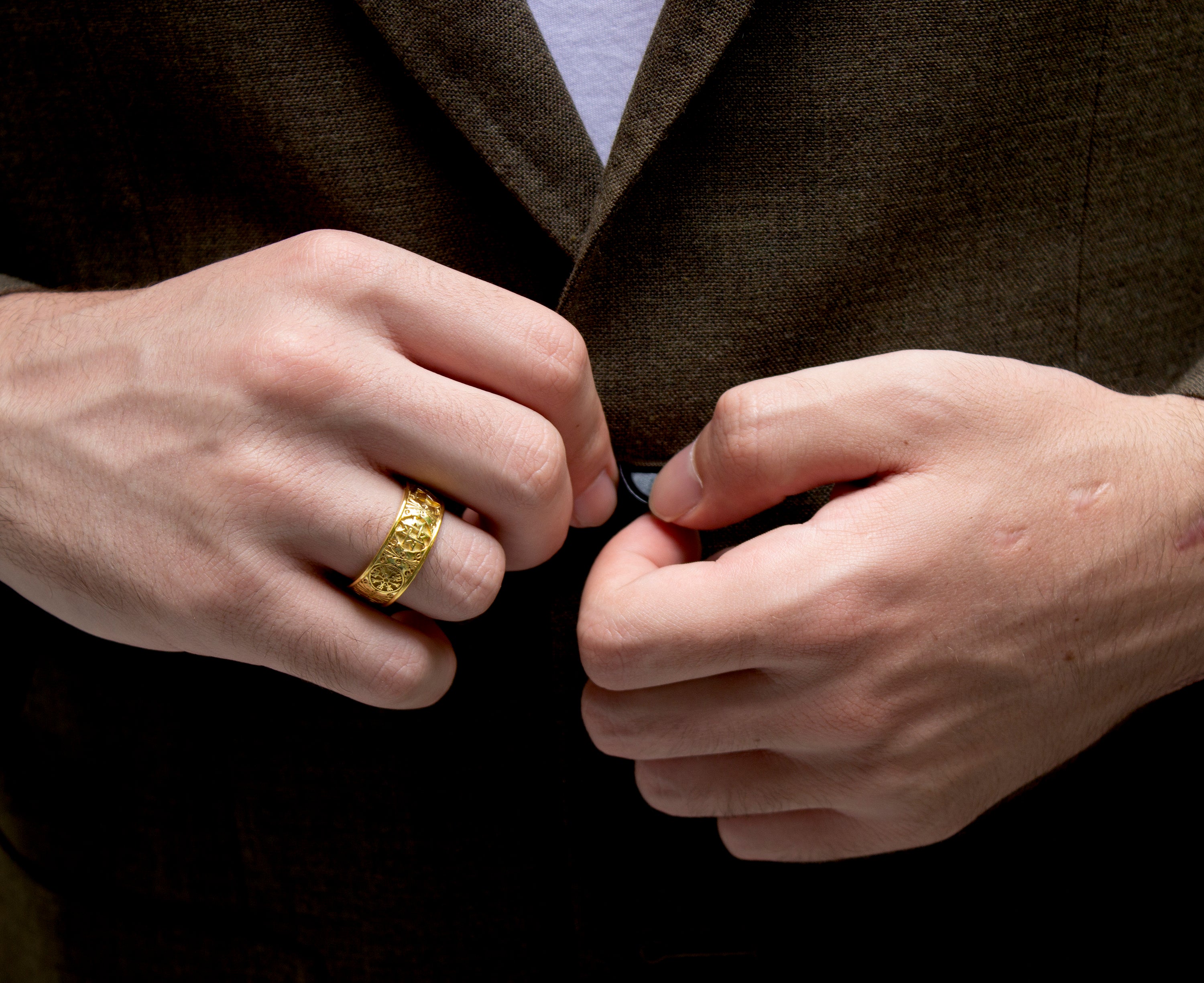 ring, ring on white background, gold ring, solid gold ring, solid yellow gold ring, wedding band, mens wedding band, womens wedding band, viking symbols, 6 symbols, engraved ring, unisex ring