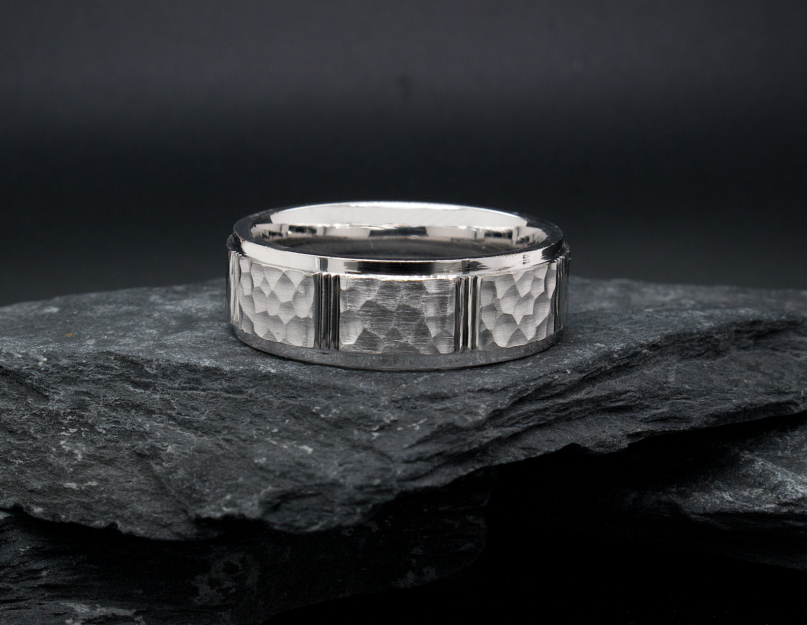 ring, ring on black background, 8mm ring, white gold ring, solid white gold ring, hammered ring, grooved ring, brushed ring, wedding band, mens wedding band, womens wedding band, mens wedding band, unisex wedding band