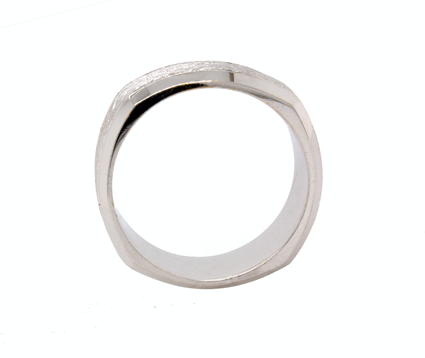 hexagon shaped ring, ring, white gold ring, mens ring, womens ring, wedding band, custom ring, scratched texture, textured ring, polished ring, unisex ring, solid white gold ring, 8mm width, beveled edges 