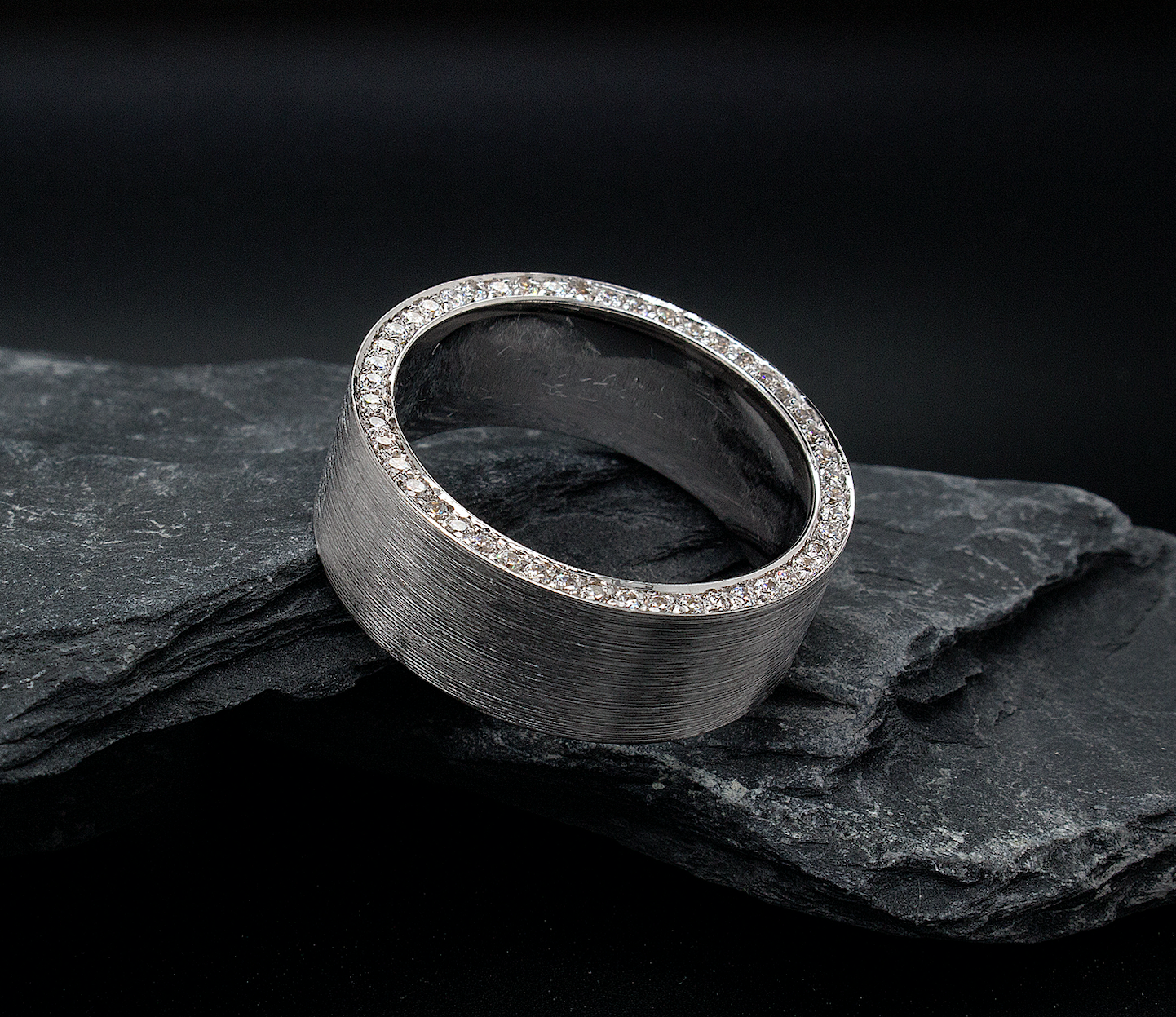 9mm, Custom Made, Flat Shaped, Solid White Gold Ring with Brushed Exterior and Diamond Edges