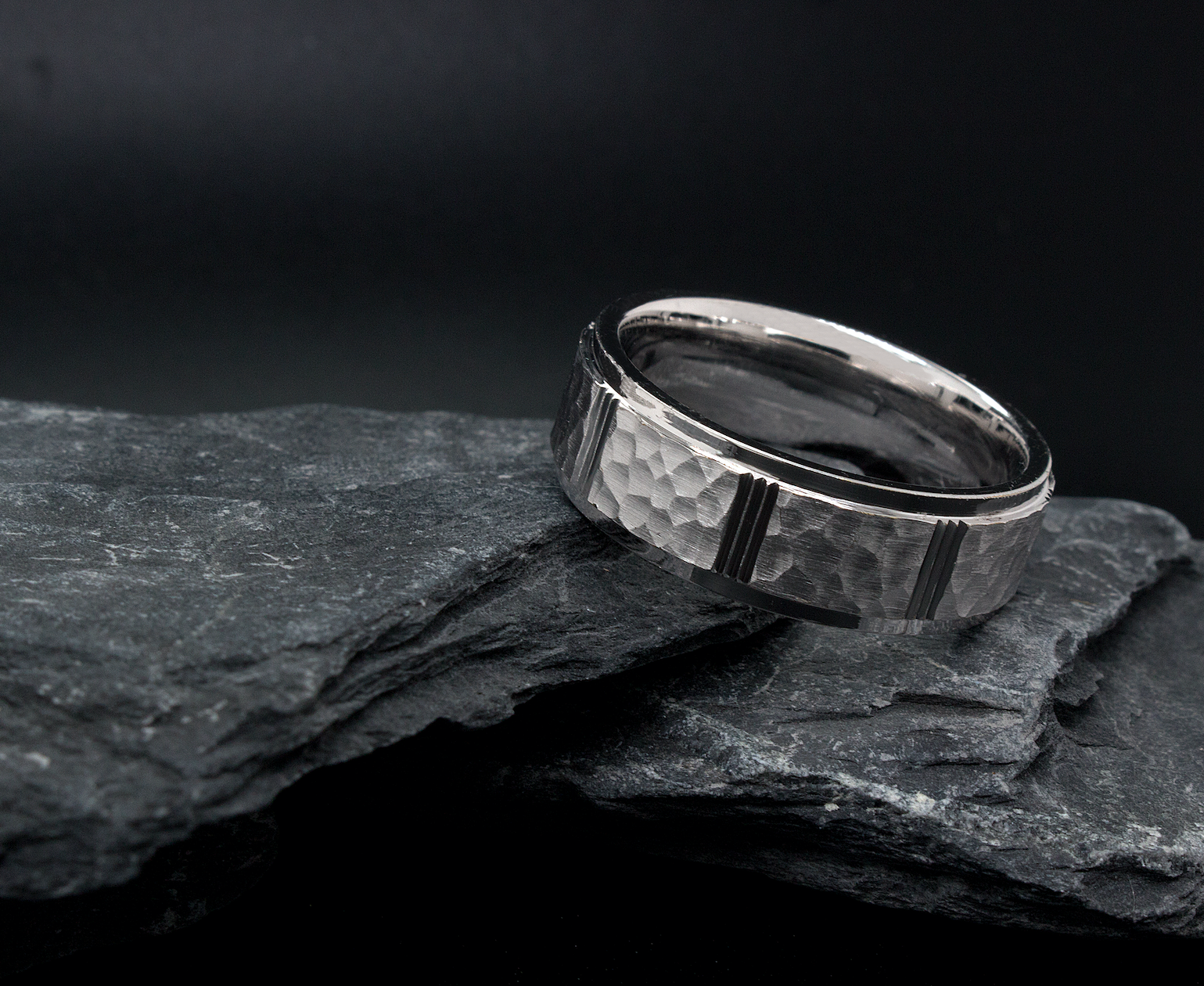 ring, ring on black background, 8mm ring, white gold ring, solid white gold ring, hammered ring, grooved ring, brushed ring, wedding band, mens wedding band, womens wedding band, mens wedding band, unisex wedding band