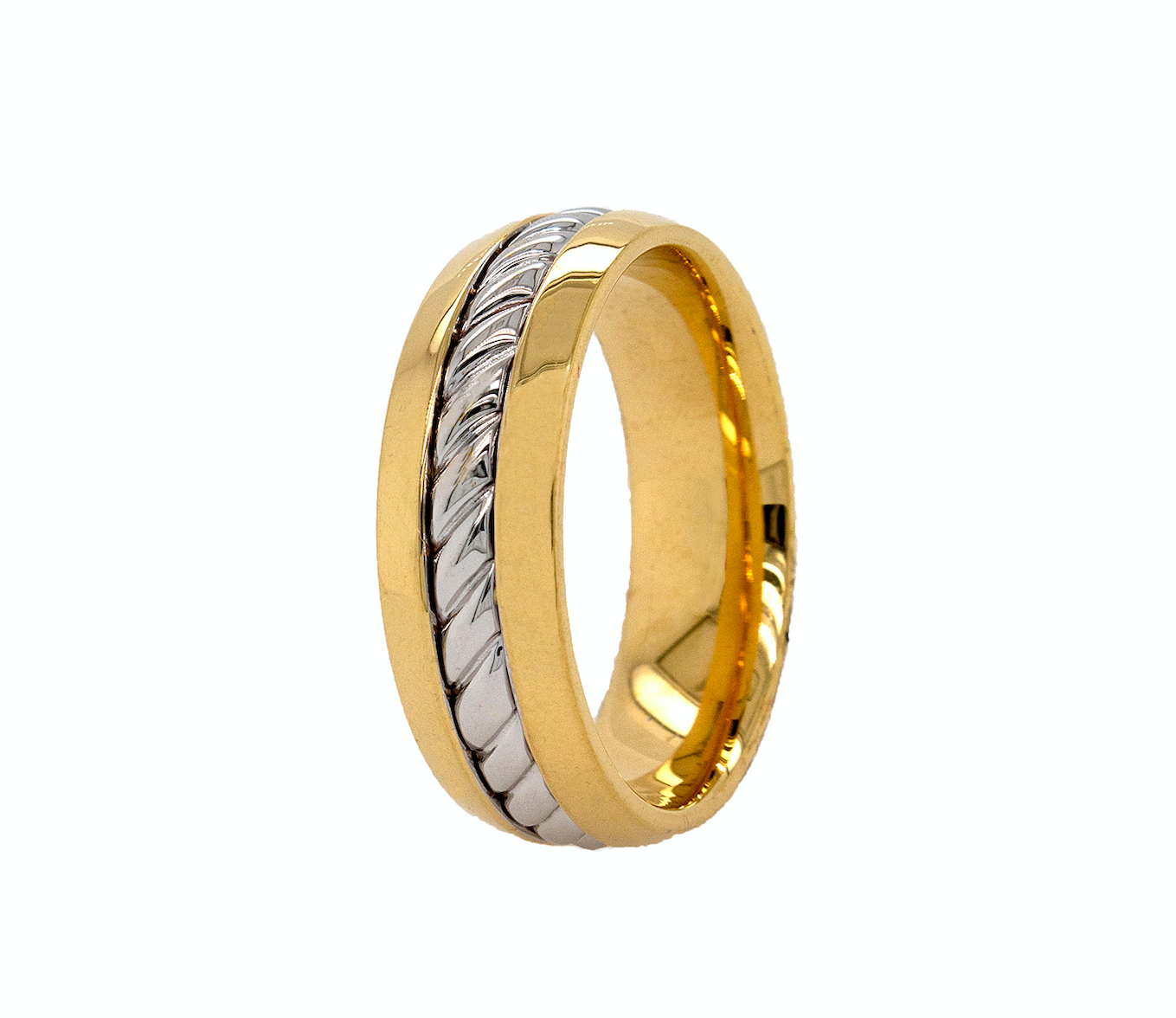 ring, two toned ring, yellow gold ring, white gold ring, polished ring, dome shaped ring, ring on white background, twisted rope inlay, textured ring, mens wedding band, womens wedding band, unisex ring, custom ring
