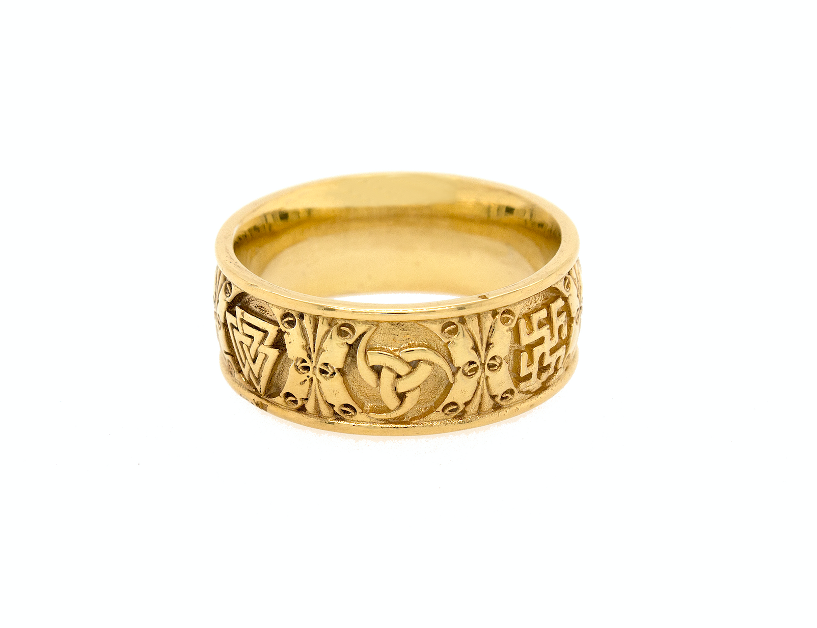 ring, ring on white background, gold ring, solid gold ring, solid yellow gold ring, wedding band, mens wedding band, womens wedding band, viking symbols, 6 symbols, engraved ring, unisex ring