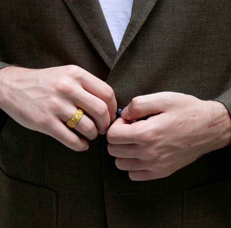 ring, ring on model, ring on hand, solid gold ring, solid yellow gold ring, victorian ring, diamond ring, yellow gold wedding band, engraved ring, custom ring, round shaped ring