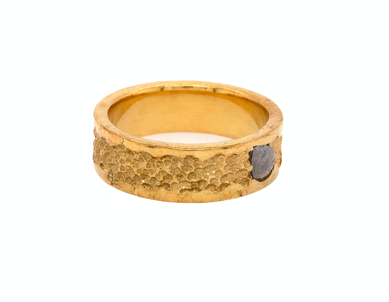 ring, ring on white background, solid gold ring, hammered ring, polished ring, rough cut diamond, salt and pepper diamond, wedding band, mens wedding band, womens wedding band, 8mm ring, flat shaped ring, solid gold wedding band