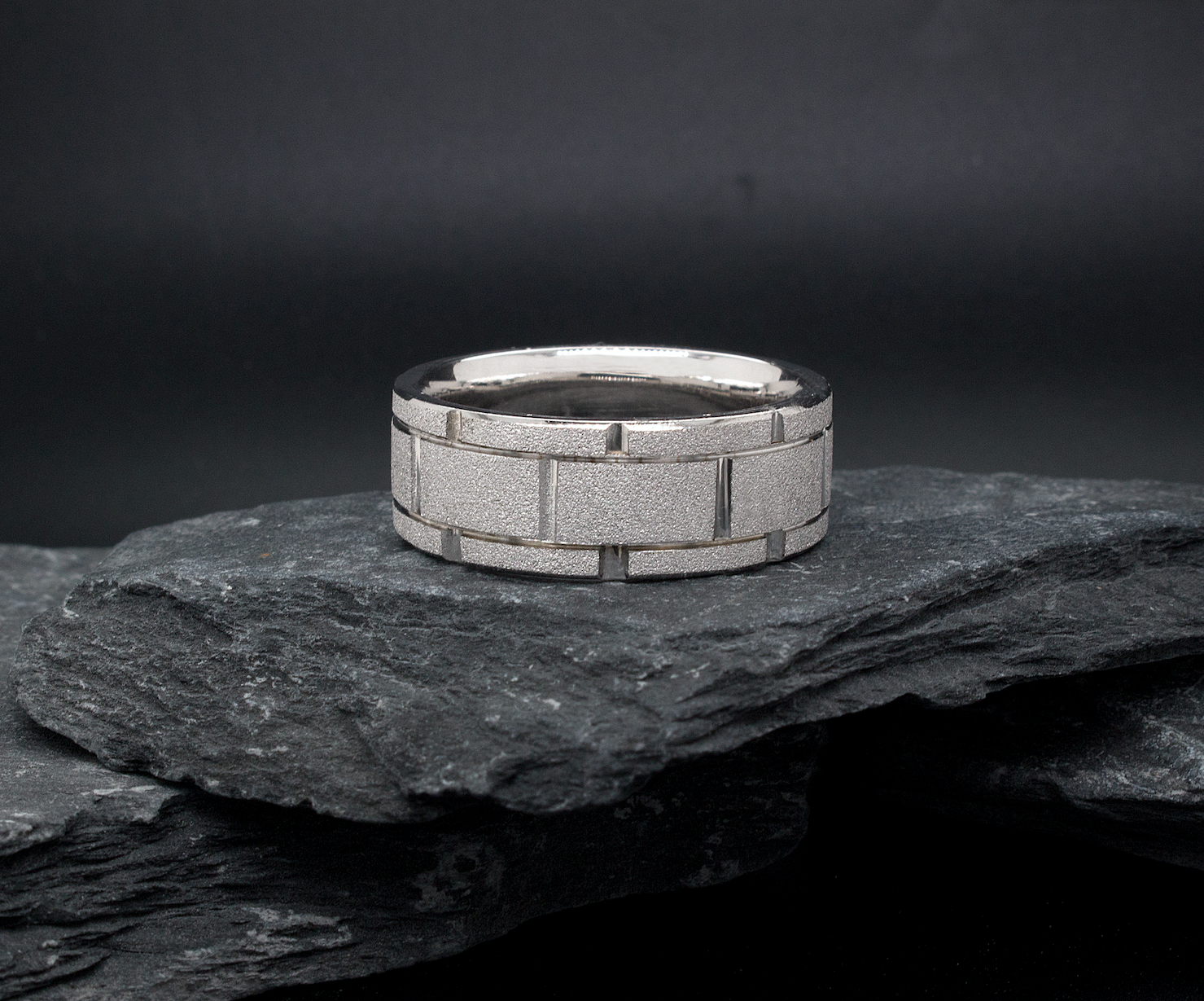 8mm, Custom Made, Flat Shaped, Solid White Gold Ring with Grooved Patterns and Laser Texture Exterior