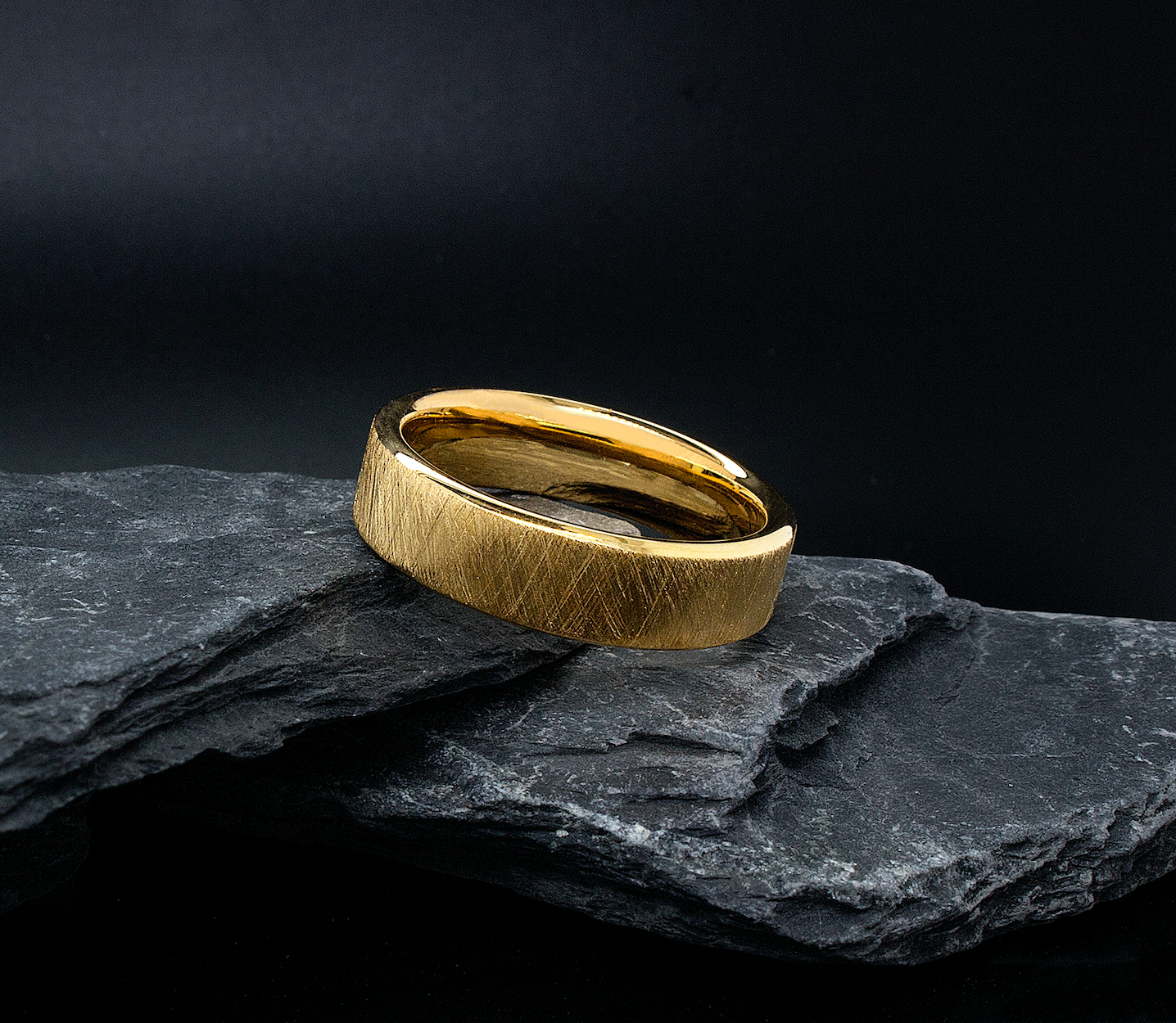 7mm ring, solid yellow gold ring, flat shaped ring, scratched ring, textured ring, brushed ring, wedding band, unisex ring, natural brushed ring