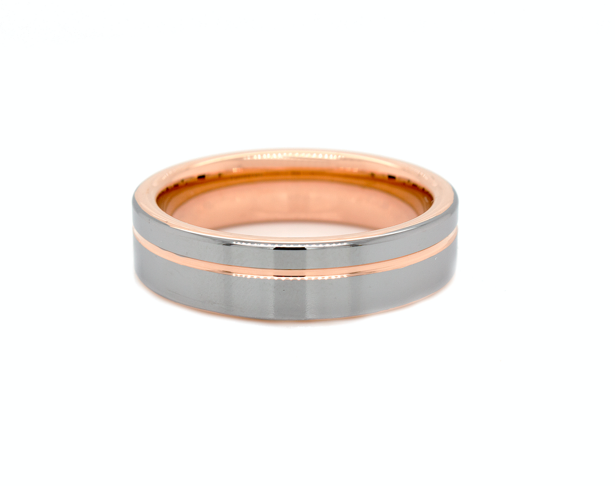 ring, ring with white background, wedding band, thin ring, flat shaped ring, ring with rose gold plated interior, ring with offset groove, grooved ring, polished tungsten ring, wedding band, women's wedding band, mens wedding band