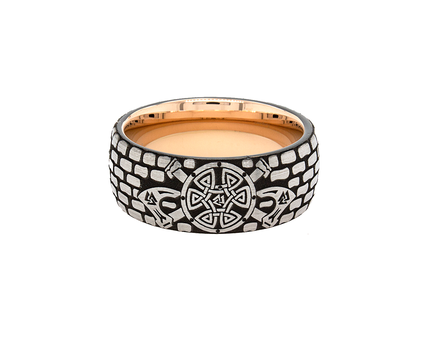 ring, ring with white background, rose gold ring, tungsten ring, brick pattern ring, rose gold plated ring, viking ring, viking shield, viking swords, viking axes, ax ring, custom ring, engraved ring, 8mm ring, wedding band