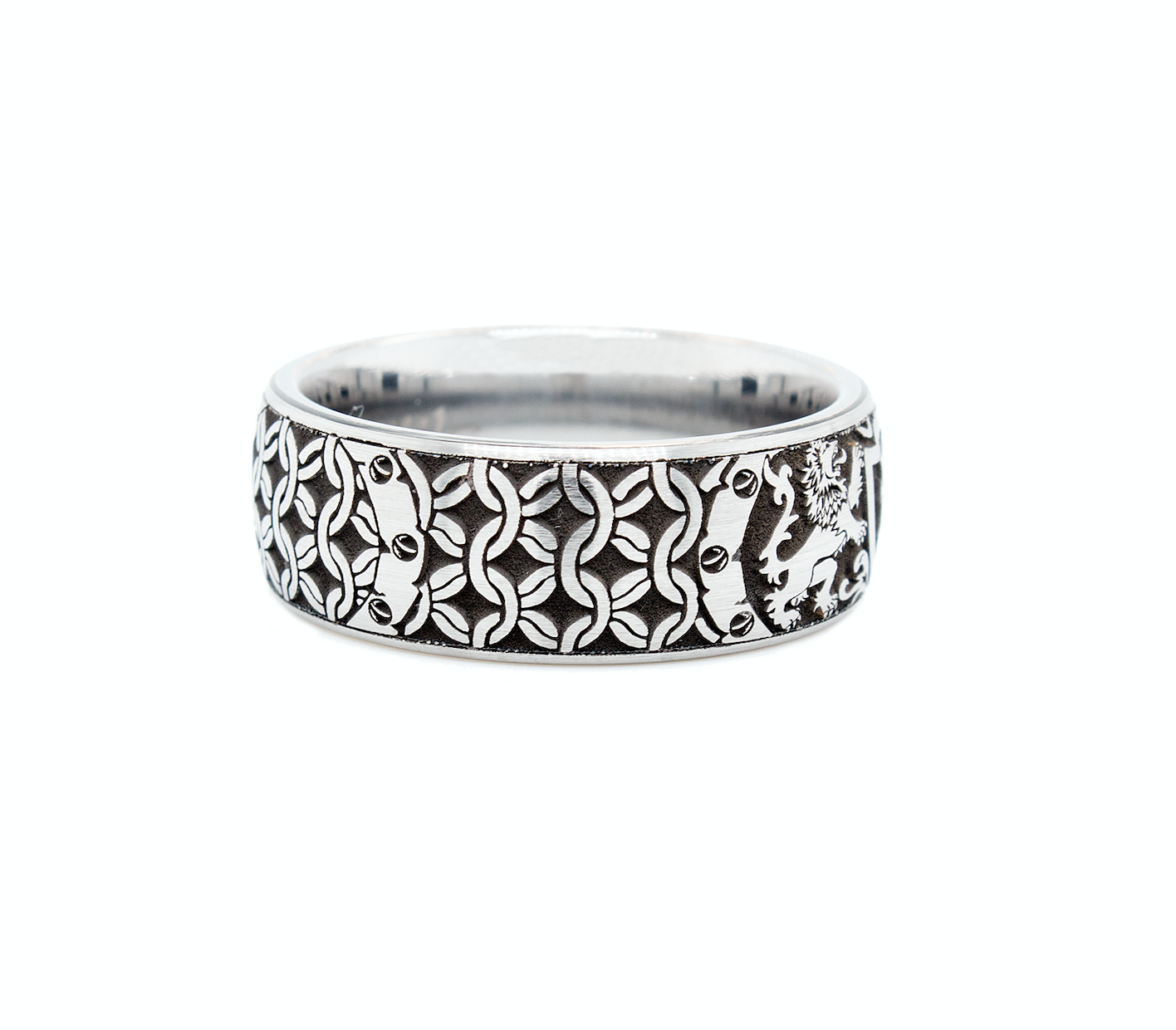ring, ring with white background, mens rings, tungsten ring, custom ring, personalized ring, engraved ring, custom wedding band, shield, initial, ring with initial, lions, medieval designs