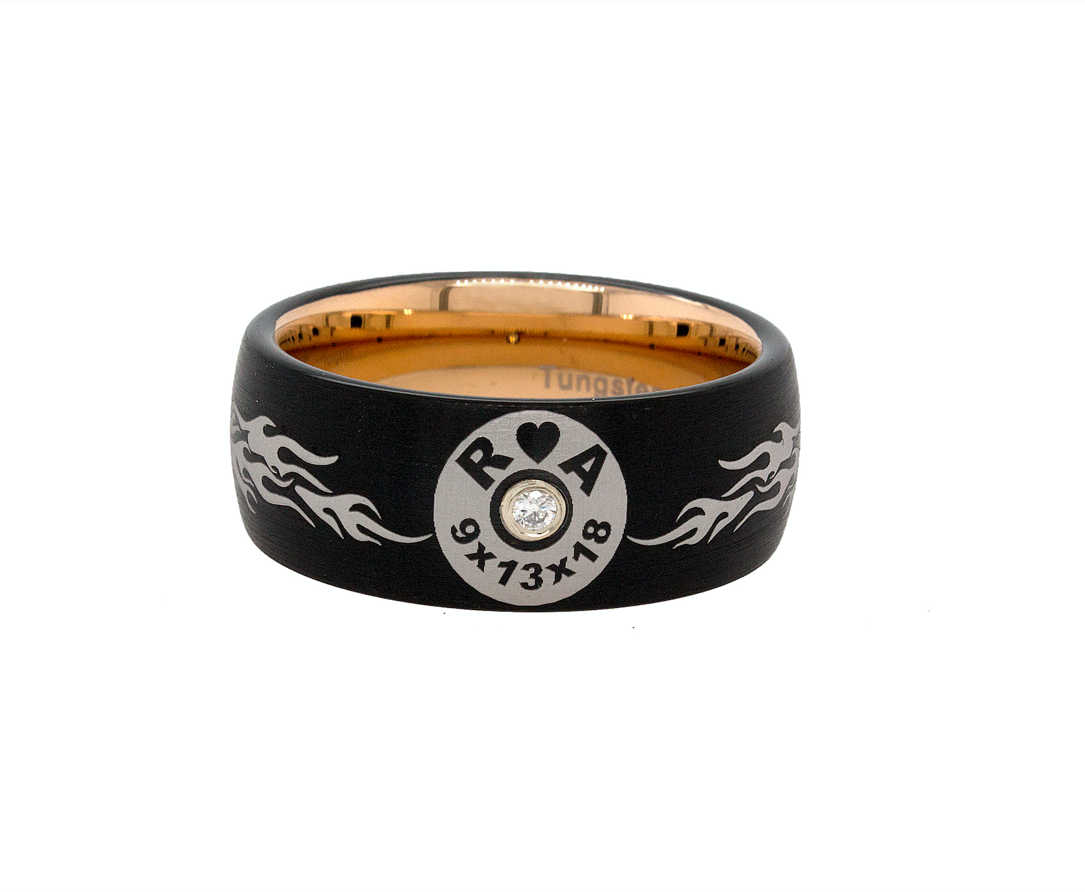 ring, ring on white background, rose gold plated tungsten, diamond wedding band, personalized ring, personalized initial ring, ring with initials, military ring, military engraving, meaningful jewelry, wedding band for men, wedding band for women