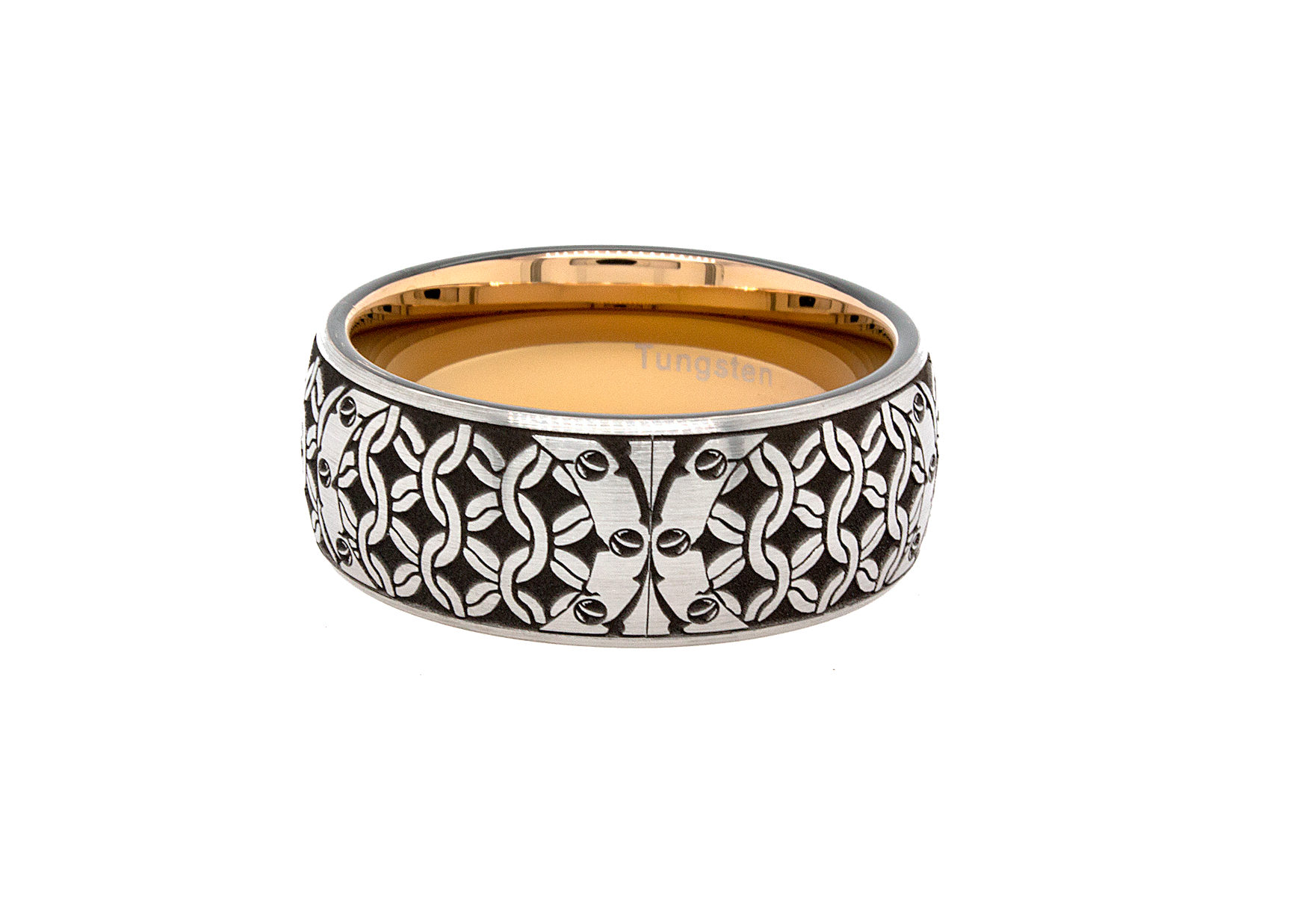 ring, ring on white background, mens wedding band, tungsten ring, rose gold plated ring, medieval ring, ring with engravings, engraved wedding band, engraved tungsten ring, ring with lions, lion ring, personalized ring, custom made ring  Edit alt text