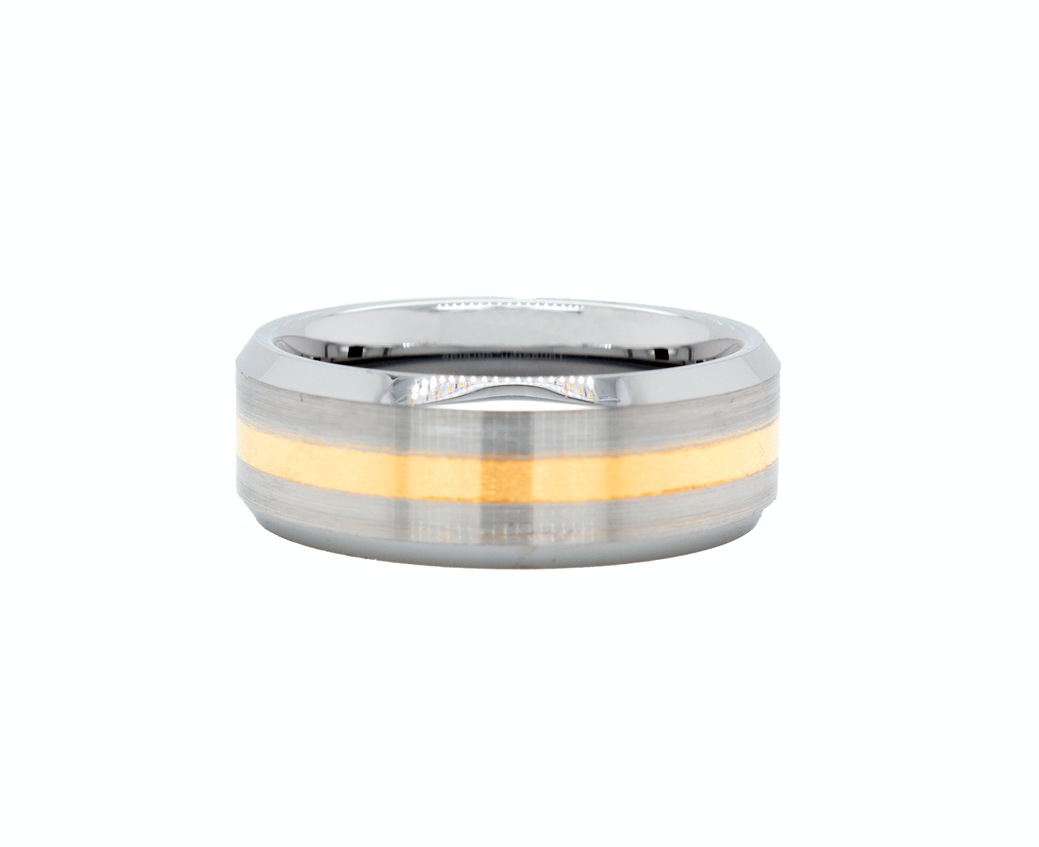ring, ring on white background, tungsten ring, tungsten wedding band, brushed ring, brushed tungsten ring, ring with yellow line, yellow gold plated ring, mens wedding band, women's wedding band