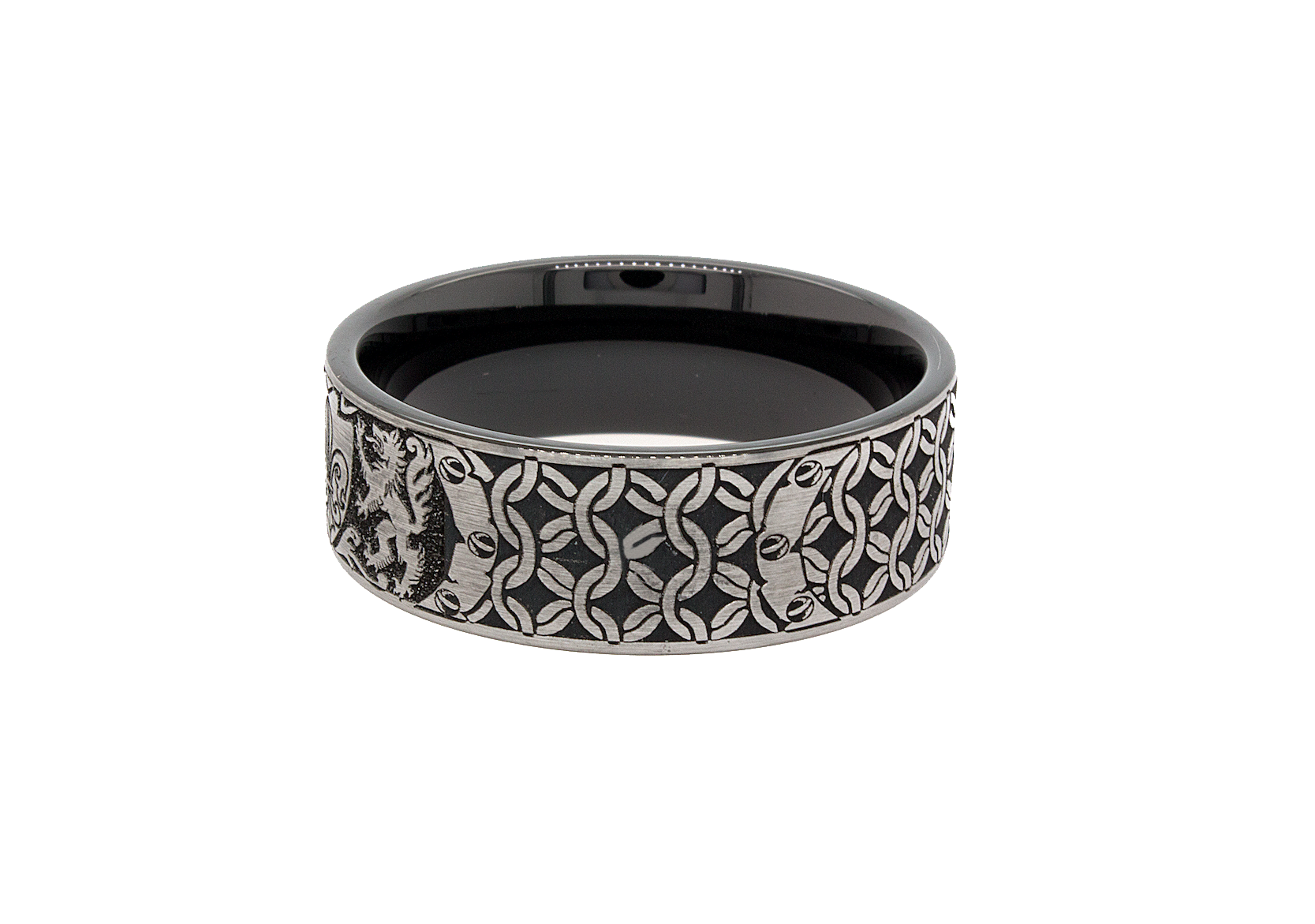 ring, ring on white background, mens wedding band, wedding band, tungsten ring, black and silver ring, engraved ring, ring with wolves, ring with shield, ring with flor de lis, flor de lis, custom ring, personalized ring, medieval ring, medieval designs