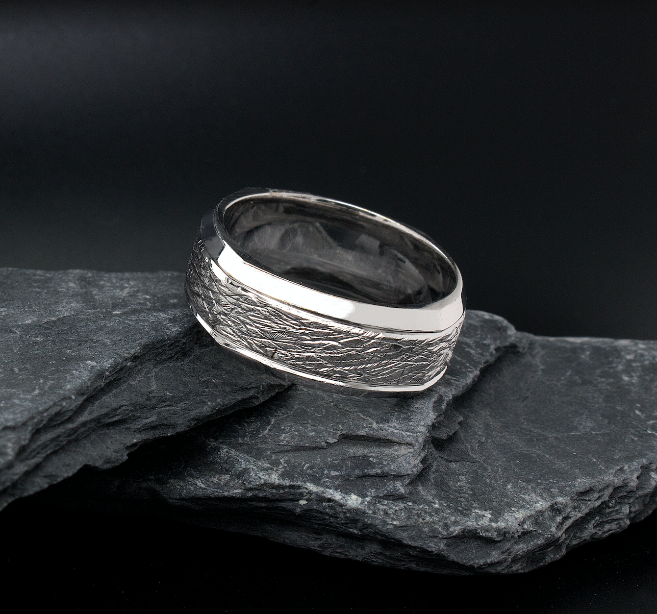 hexagon shaped ring, ring, white gold ring, mens ring, womens ring, wedding band, custom ring, scratched texture, textured ring, polished ring, unisex ring, solid white gold ring, 8mm width, beveled edges 