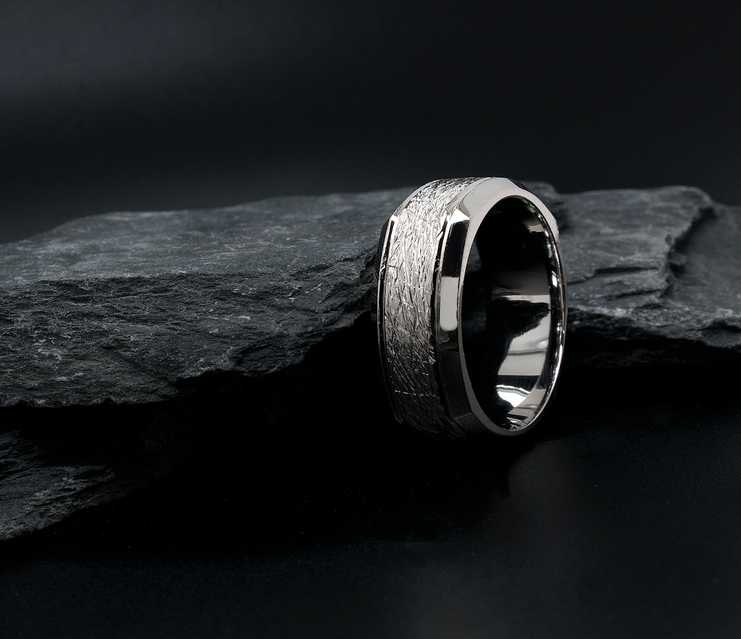 hexagon shaped ring, ring, white gold ring, mens ring, womens ring, wedding band, custom ring, scratched texture, textured ring, polished ring, unisex ring, solid white gold ring, 8mm width, beveled edges 