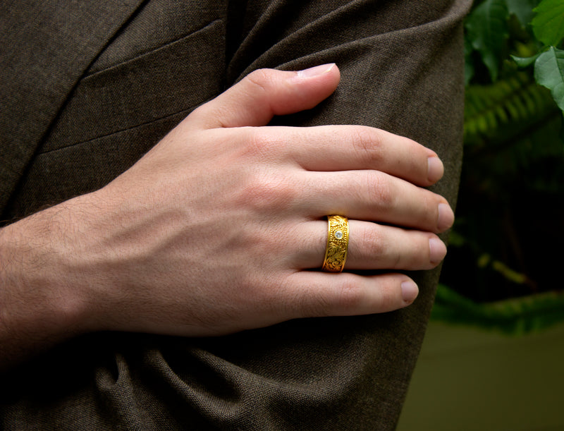 ring, ring on model, ring on hand, solid gold ring, solid yellow gold ring, victorian ring, diamond ring, yellow gold wedding band, engraved ring, custom ring, round shaped ring