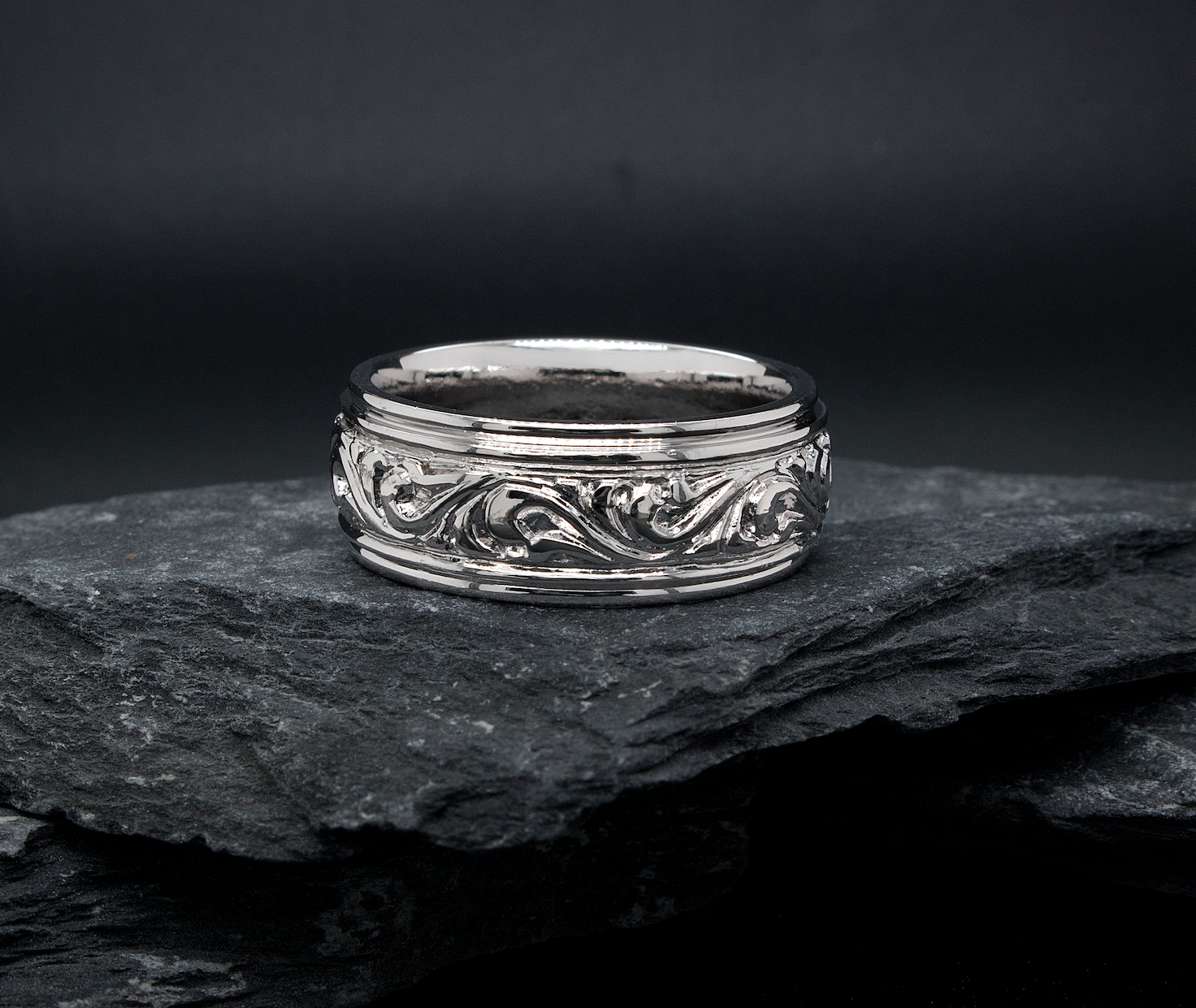 ring, ring on white background, mens wedding band, womens wedding band, victorian style ring, victorian ring, stepped edges, victorian wedding band, silver color ring, unisex ring