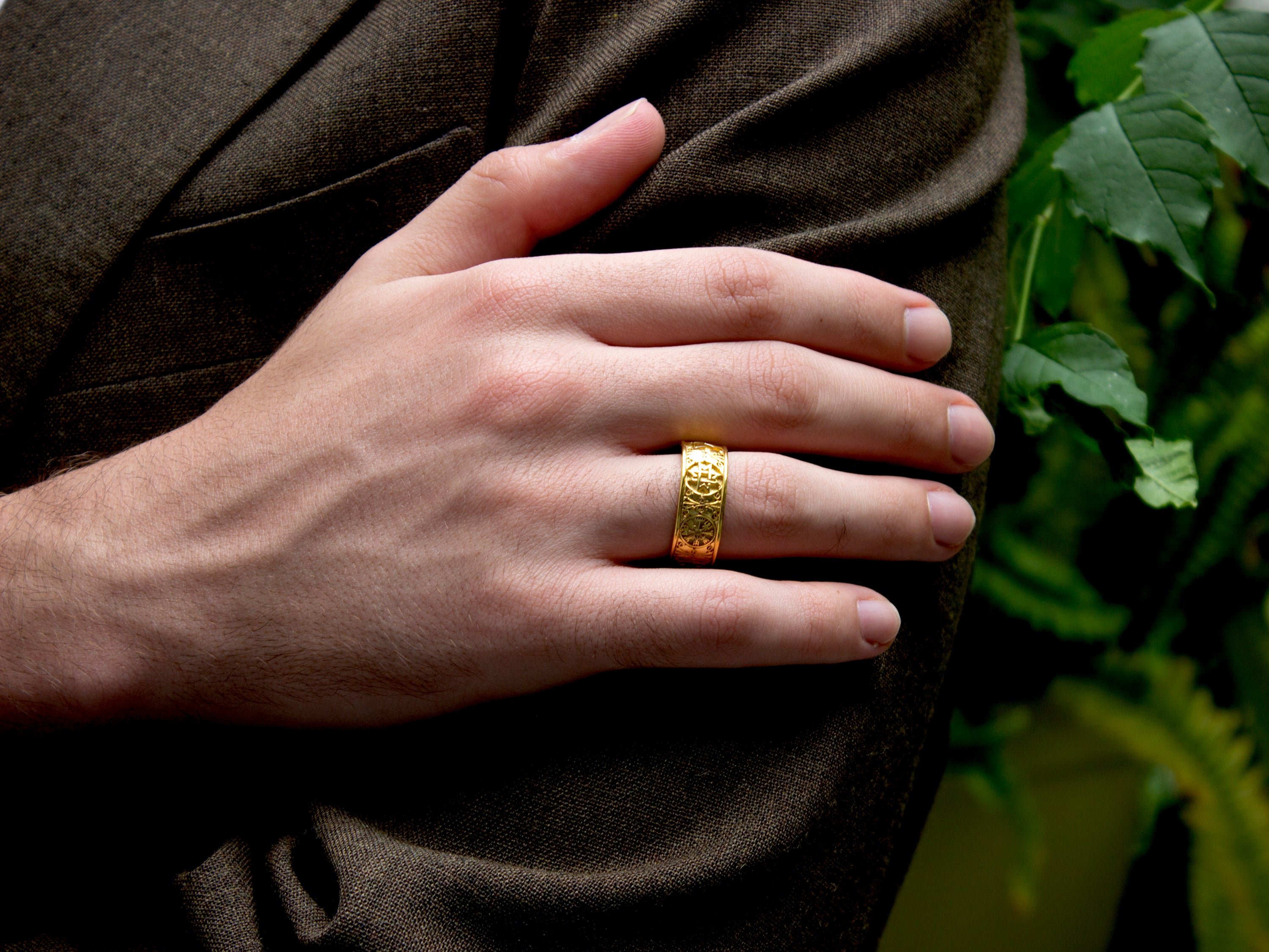 ring, ring on white background, gold ring, solid gold ring, solid yellow gold ring, wedding band, mens wedding band, womens wedding band, viking symbols, 6 symbols, engraved ring, unisex ring