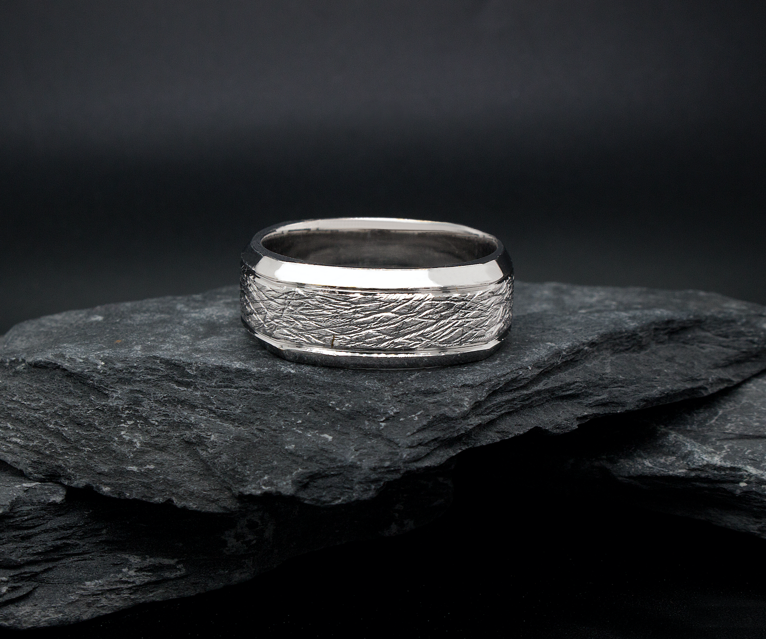 hexagon shaped ring, ring, white gold ring, mens ring, womens ring, wedding band, custom ring, scratched texture, textured ring, polished ring, unisex ring, solid white gold ring, 8mm width, beveled edges 