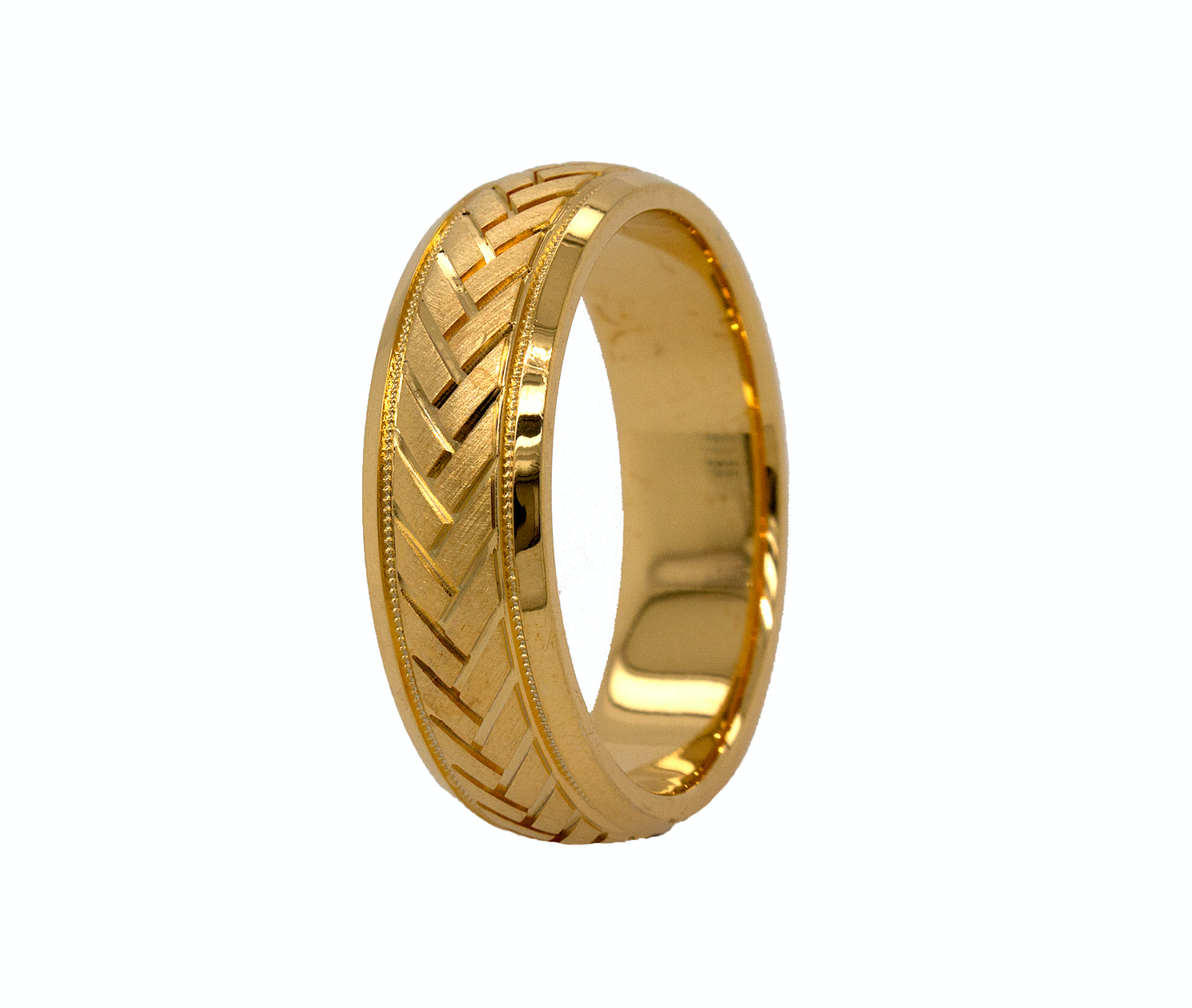 yellow gold ring, mens ring, womens ring, solid gold ring, 8mm ring, dome shaped ring, migrain, engraving, arrow pattern engraving, wedding band, mens wedding band, womens wedding band, ring