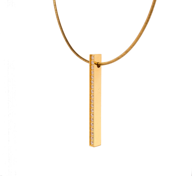 yellow gold pendant, pendant, necklace, yellow gold plated necklace, bar necklace, vertical bar necklace, coil chain, yellow gold plated necklace, alternative diamond necklace, modern necklace, unisex necklace