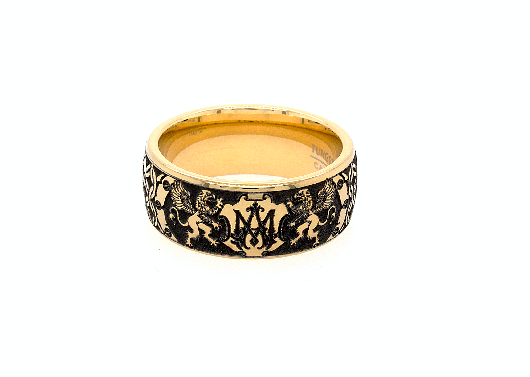 ring, ring with white background, yellow gold plated tungsten, custom engraved wedding band, wedding band, custom engraving, medieval ring, monogram ring, initial ring