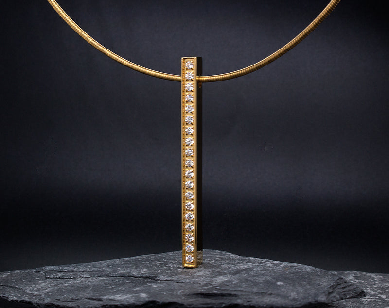 yellow gold pendant, pendant, necklace, yellow gold plated necklace, bar necklace, vertical bar necklace, coil chain, yellow gold plated necklace, alternative diamond necklace, modern necklace, unisex necklace