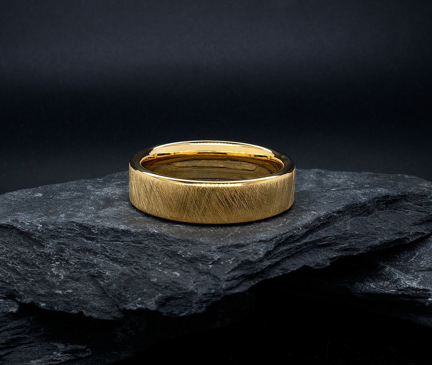 7mm ring, solid yellow gold ring, flat shaped ring, scratched ring, textured ring, brushed ring, wedding band, unisex ring, natural brushed ring